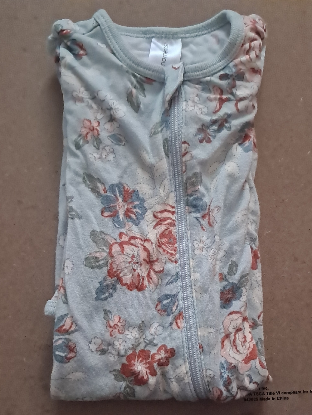 Floral Zip Front Baby Sleeper - Light Blue with Rust & Green Flowers